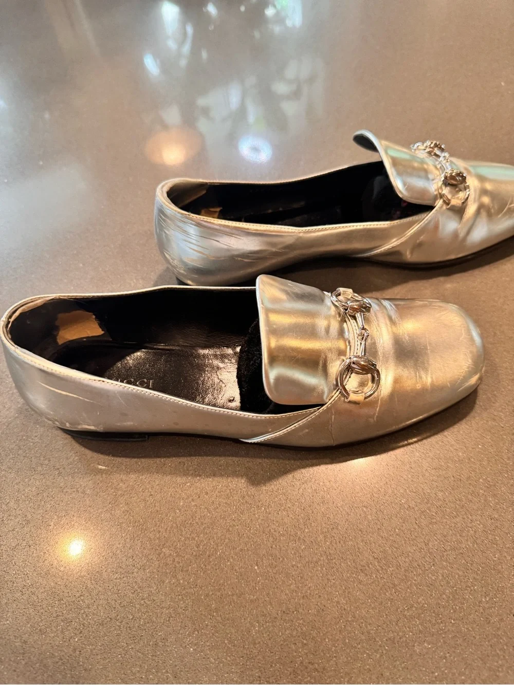 Gucci Metallic Silver Leather Horsebit Loafers - Women's - sz 7